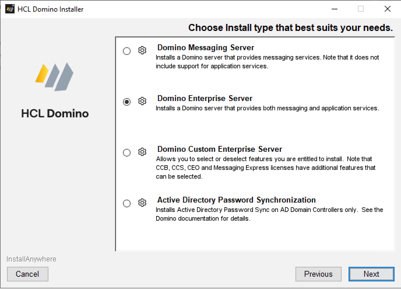 HCL Domino Installer - Choose Install Type That Best Suits Your Needs page