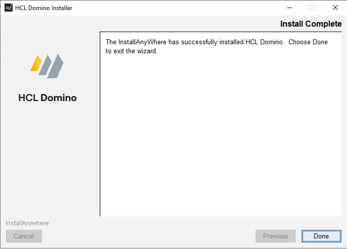 HCL Domino Installer - Installation complete/successful page